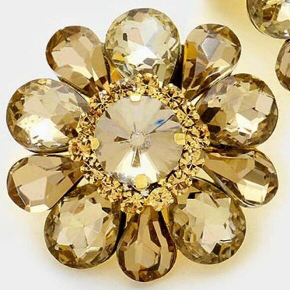 Brown Flower Crystal Clip On Earrings NWT - Picture 2 of 5